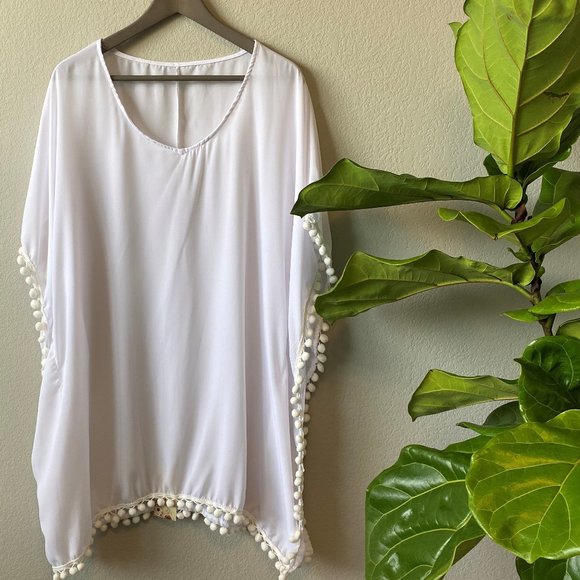 Other - NWT White Swimsuit Beach Coverup with PomPom Trim
